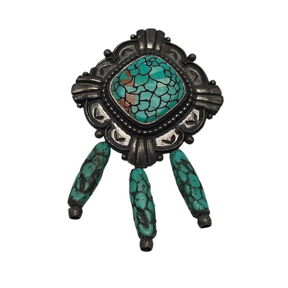 Vintage Parklane Silver Tone Turquoise Style Brooch With Dangle Beads - Picture 1 of 4